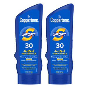 Coppertone Sport Sunscreen Lotion SPF 30, Sweat, Heat and Water Resistant Sunblock, Lightweight, Oxybenzone Free, Sunscreen Twin Pack, 7 Fl Oz Bottle