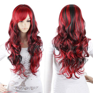 ANESHE Anime Cosplay Wigs Red and Black for Women Long Curly Hair Lolita Style Wigs (Red+Black)