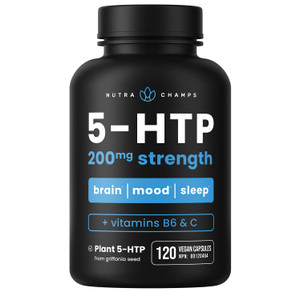 NutraChamps 5-HTP 200mg, 120 Vegan Capsules, Pure 5HTP 100mg Plus Co-Factors Vitamin B6 & Vitamin C