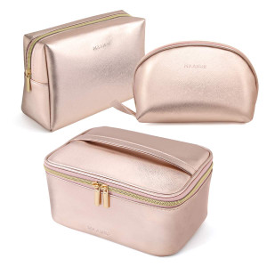 MAANGE 3 Pcs Makeup Bag Portable Travel Cosmetic Bag Large Makeup Bag Organizer with Gold Zipper Waterproof Toiletry Bags for Women and Girls(Rose Go