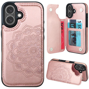 MMHUO for iPhone 16 Plus Case with Card Holder, Rose Gold Flower Magnetic Clasp Flip Case for Women, Protective Case Phone Case for iPhone 16 Plus (6