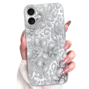 KANGHAR Case for iPhone 16 Plus Leopard Printed Pattern Cute Cheetah Phone Case Clear Bumper Hard Back Shockproof Protective Diamond Glittter Camera
