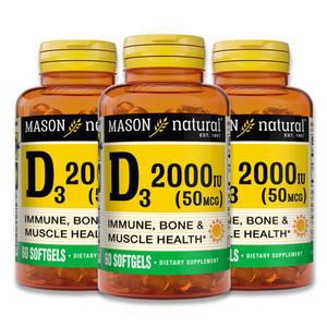 MASON NATURAL Vitamin D3 2,000 IU Ultra Strength, Supports Bone Density, Strength & Immune Health, 60 Softgels, Pack of 3