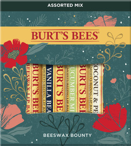 Burts Bees Holiday Gift, 4 Lip Balm Stocking Stuffer Products, Beeswax Bounty Assorted Set - Original Beeswax, Vanilla Bean, Cucumber Mint & Coconut