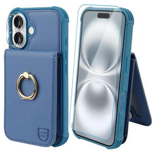 VANAVAGY Compatible for iPhone 16 Plus Wallet Case with Credit Card Holder, [360° Rotation Ring Kickstand], PU Leather Magnetic Clasp Flip Phone Cove
