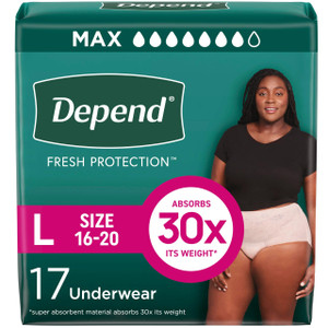 Depend Fresh Protection Adult Diapers, Incontinence & Postpartum Bladder Leak Underwear for Women, Disposable, Maximum, Large, Blush, 17 Count, Packa