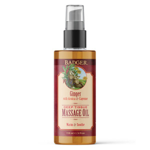 Badger Ginger Massage Oil, 100% Organic Massage Oil, w/Arnica Oil & Cayenne for Warming Soothing Deep Tissue Sore Muscle Relief, 4 fl oz Glass Bottle