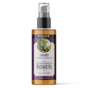 Badger Lavender Massage Oil, 100% Organic Massage Oil, Relaxing & Moisturizing Pure Aromatherapy Oils of Lavender, Bergamot & Balsam Fir, 4 fl oz Gla
