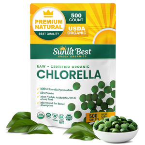 Sunlit Best USDA Organic Premium Chlorella Tablets 500 Tabs | 100% Pure Chlorella Superfood Supplement High in Protein, Chlorophyll, Vitamins, & Mine