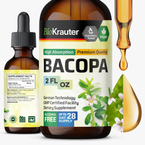 BIO KRAUTER® Bacopa Monnieri - Liquid Drops Bacopa Extract (Brahmi Powder) 650 mg per Serving 2 Fl.Oz 28-Day Supply - Pure Vegan Brain Supplement, Su