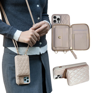 JUSTRAL Crossbody Wallet Case for iPhone 16 Pro, Quilted PU Leather Zipper Phone Purse with Card Holder & Coin Pocket, Kickstand Flip Cover, Adjustab