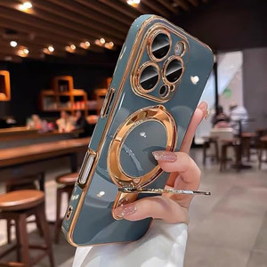 QSIETSPY Magnetic Invisible Stand for iPhone 16 Pro Max Case 6.9" Compatible with Mag-Safe,Full Camera Lens Protector Soft Plating Phone Case for iPh