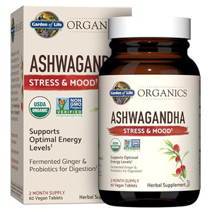 Garden of Life Organic Ashwagandha Supplement with Probiotics & Ginger - Stress, Mood & Energy Support, Vegan, Gluten Free, Non GMO, 2 Month Supply,