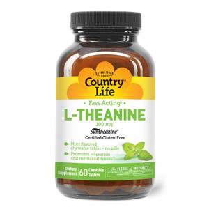 Country Life L-Theanine Fast-Acting 100mg, 60 Chewable Tablets, Mint- Flavored, Certified Gluten Free, Certified Vegan
