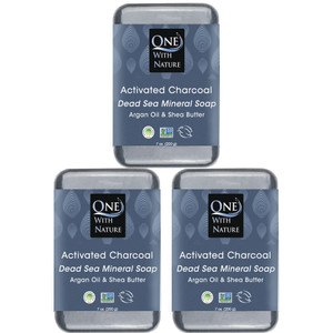 One With Nature Activated Charcoal Soap 7oz 3-Pack  Detoxifying and Exfoliating Charcoal Soap Bar with Dead Sea Salt for Face & Body, for Men & Wome