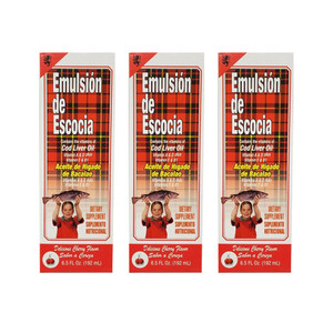 Emulsion de Escocia Cod Liver Oil Dietary Supplement. Rich in Vitamins A, D, E and B1. Cherry Flavoured. 6.5 Fl Oz / 192 mL. Pack of 3