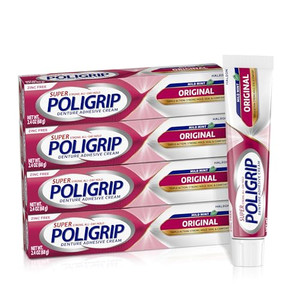 Super Poligrip Original Denture Adhesive Cream, Zinc Free Denture Cream for Dentures - 2.4 Ounces (Pack of 4)