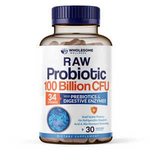 Wholesome Wellness Organic Raw Probiotics 100 Billion CFU, Dr Formulated for Women and Men, Complete Adult Supplement with Prebiotics and Digestive E