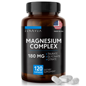 Zenavea - Triple Magnesium Complex Supplement (120 Vegan Capsules) - 180mg of Magnesium Glycinate Taurate and Citrate - Calm Magnesium Complex Supple