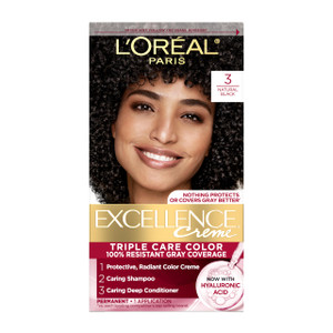 L'Oreal Paris Excellence Crème Permanent Hair Dye, Triple Care Hair Color with Hyaluronic Acid for 100% Gray Coverage, 3 Natural Black, 1 Kit (Packag