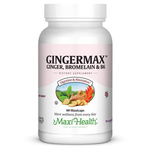 Maxi Health Gingermax - Ginger - Bromelain & Vitamin B6 - Digestion Health - 60 Capsules - Kosher (QGER)