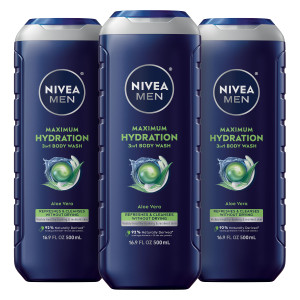NIVEA MEN Maximum Hydration Body Wash for Dry Skin, Aloe Vera Enriched, 3-in-1 Moisturizing Body Wash, Face and Hair, Paraben Free, Vegan Formula, 16
