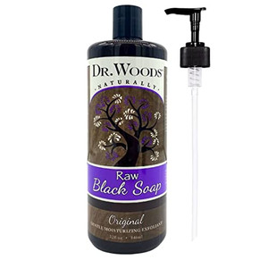 Dr. Woods Raw Liquid Black Soap with Pump, Body Wash for Men and Women, Gentle Exfoliant, Natural Cleanser for Face, Hands, and Body - 32 Fl Oz