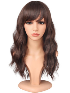 SYMEIW Medium Length Dark Brown Wavy Wigs With Bangs For Women - Heat Resistant Synthetic Brown Wigs For Daily Use (DARK BROWN(2#))