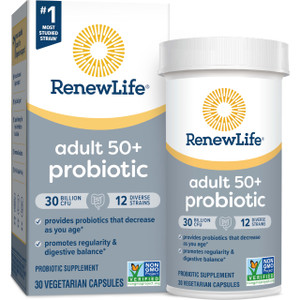 Renew Life Probiotic Adult 50 Plus Probiotic Capsules, Daily Supplement Supports Urinary, Digestive and Immune Health, L. Rhamnosus GG, Dairy, Soy an