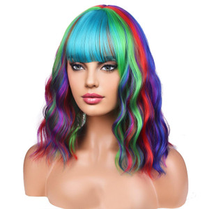 BERON 14 Inches Rainbow Wig with Bangs Short Curly Synthetic Wig for Women Cosplay Daily Party Hairnet Included