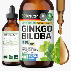 BIO KRAUTER® Ginkgo Biloba for Brain Support - Pure Vegan Ginkgo Biloba Supplement 670 mg - Supports Calm, Focus & Memory - Alcohol & Sugar Free, 4 F
