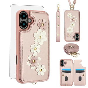 Asuwish Phone Case for iPhone 16 Plus 6.7 inch Wallet Cover with Tempered Glass Screen Protector Credit Card Holder Slot Crossbody Strap Stand Flower