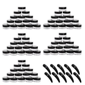 Refillable Cosmetic Sample Jars - 100 Pack 10g (0.35oz) Black Small Travel Containers with Lids + 10 Mini Makeup Spatulas - BPA Free