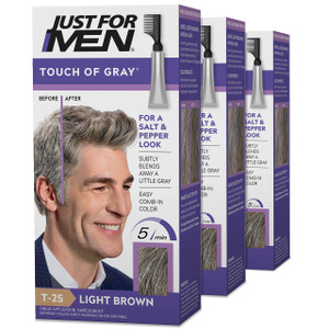 Just For Men Touch of Gray, Mens Hair Color Kit with Comb Applicator for Easy Application, Great for a Salt and Pepper Look - Light Brown, T-25, Pack