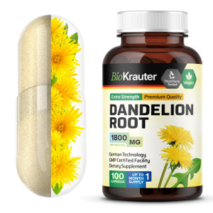 BIO KRAUTER® Dandelion Root Extract - Vegan & Pure Dandelion Root Capsules 1800 mg per Serving 100 Caps - Used for Liver & Kidney Support, Cleanse &