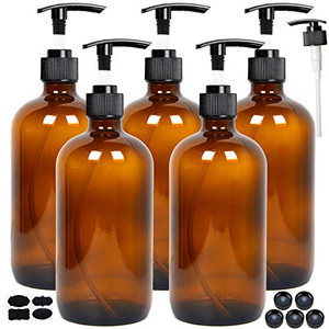 Youngever 5 Pack Empty Amber Glass Pump Bottles, 8 Ounce Lotion Pump Bottles, Soap Dispenser, Refillable Containers, Durable Black Pumps