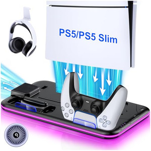 NinJoyGo PS5 Stand Cooling Station with Controller Charger, Upgraded Cooler Fan for PS5 Slim Disc & Digital Console, Gaming Accessories with Controll