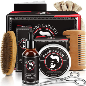 Valentines Gifts for Him, Beard Kit for Men, Beard Growth and Grooming Kit w/Beard Oil Beard Balm Beard Brush Beard Comb Beard Scissors, Christmas Bi