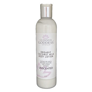 GLIMMER GODDESS Organic Body Lotion - Unscented Coconut Milk, Moisturizes for Soft Silky Skin All Day 8 oz