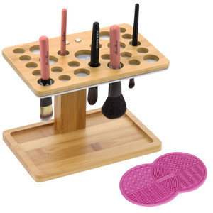 Bamboo Brush Makeup Cosmetic Air Drying Rack Tower Acrylic Folding Brushes Dryer Holder Display Organizer Stand with Silicone Brush Cleaner Mat Suppo