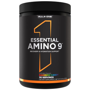 Rule 1 Essential Amino 9  Recovery & Hydration Support with 7.5g of Essential Amino Acids + Electrolytes (30 Servings, Rainbow Candy)