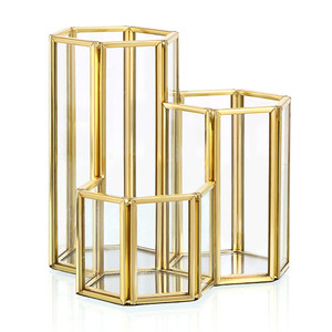 Hipiwe 3 Slots Glass Makeup Brush Holder - Gold Hexagon Cosmetics Brush Eyeliners Display Cup Home Decorative Makeup Organizer Desktop Pen/Pencil Pot