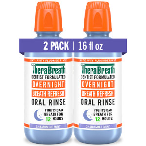 TheraBreath Overnight Mouthwash, Fights Bad Breath for 12 Hours, Chamomile Mint Flavor, Dentist Formulated, Fluoride Rinse, Alcohol Free, 16 fl oz (P