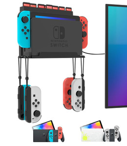 Wall Mount for Nintendo Switch and Switch OLED with 28 Game Card Holders and 4 Joy Con Hooks, Organize Switch Console Behind TV, Ideal Gift for Gamer
