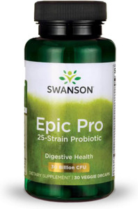 Swanson Epic-Pro 25-Strain Probiotic 30 Billion CFU Digestive Health Immune System Support Prebiotic Nutraflora FOS 30 DRcaps Veggie Capsules (Caps)