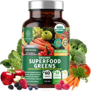 USDA Organic Superfood Greens [28 Powerful Ingredients] Natural Super Greens Capsules, Fruit and Veggie Supplement with Alfalfa, Beet Root and Ginger