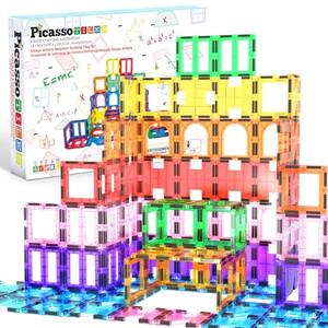 PicassoTiles 42pcs Magnetic Tiles Magnet Blocks See-Through Shape STEM Toys Building Block Educational Playset Compatible with Major Brand Tile -Star
