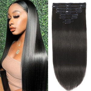 Clip in Hair Extensions Real Human Hair Clip in Extensions Black Women Remy Invisible Natural Straight Seamless 8pcs Double Weft #1B 16 Inch 2.8oz/80