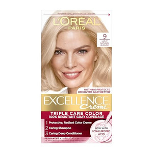 L'Oreal Paris Excellence Crème Permanent Hair Dye, Triple Care Hair Color with Hyaluronic Acid for 100% Gray Coverage, 9 Light Natural Blonde, 1 Kit