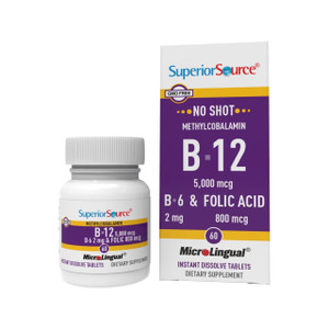 Superior Source No Shot Vitamin B12 Methylcobalamin (5000 mcg), B6, Folic Acid, Quick Dissolve Sublingual Tablets, 60 Ct, Increase Energy, Healthy He